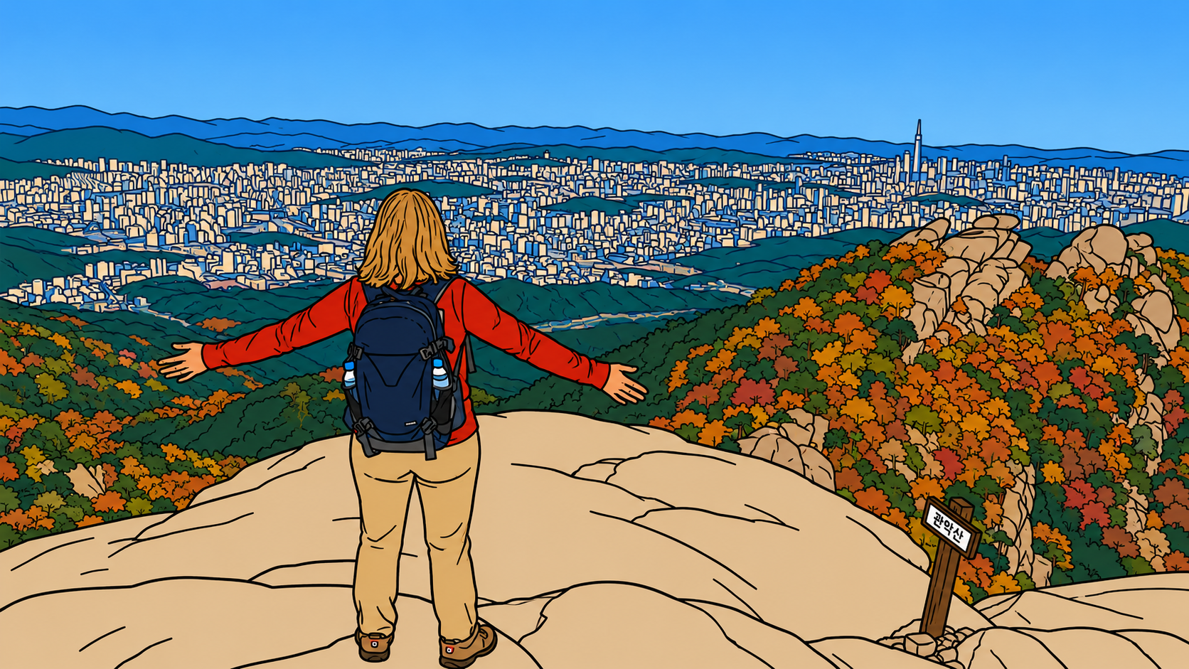 Illustrated thumbnail of a hiker overlooking Seoul's skyline from a granite summit in autumn, representing Seoul mountains five elements