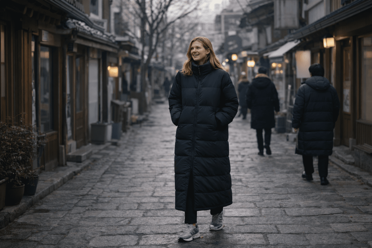 Korean winter indoor culture — woman in black long padded coat walking through Korean pedestrian alley in winter