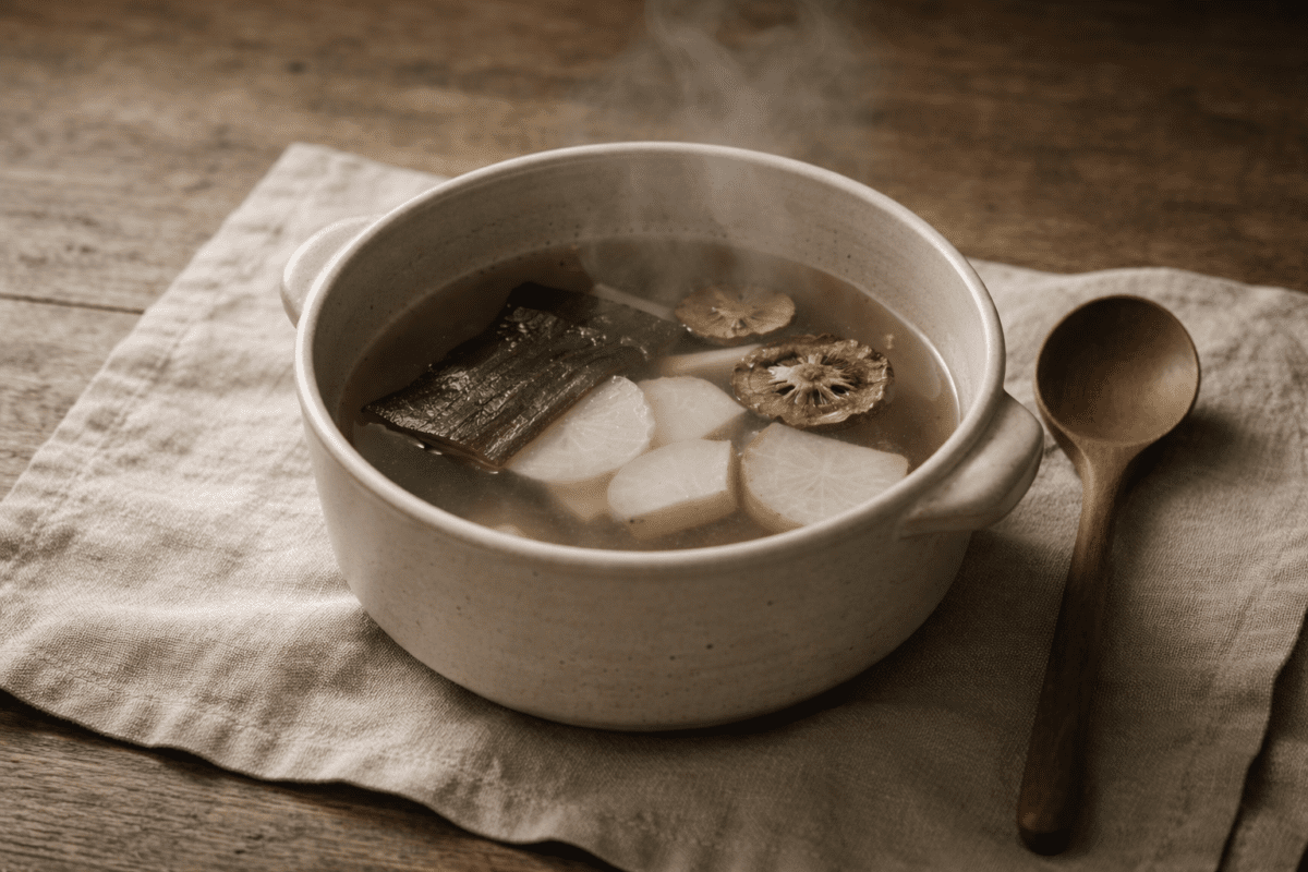Korean temple cuisine shiitake mushroom kelp radish broth steaming in ceramic bowl