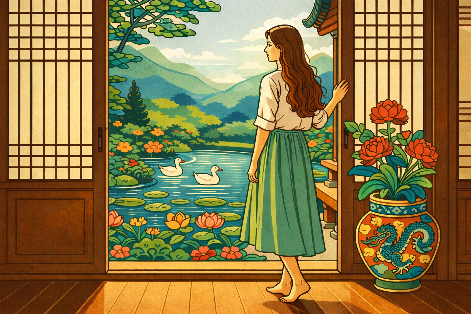 snake hour meaning in astrology — minhwa-style illustration of a young woman standing at a hanok door looking out at a lotus pond and mountains