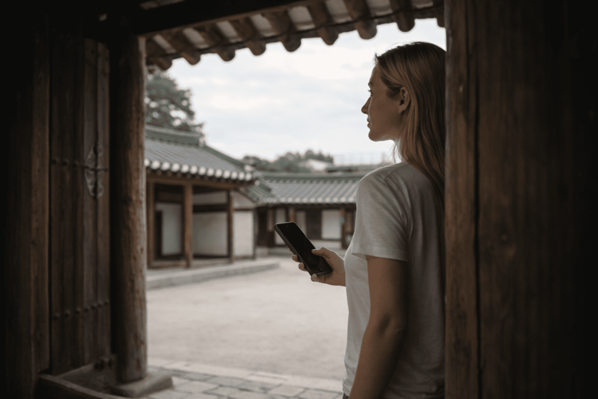 lonely after talking to parents — woman standing at sotuldaemun gate holding phone psychology