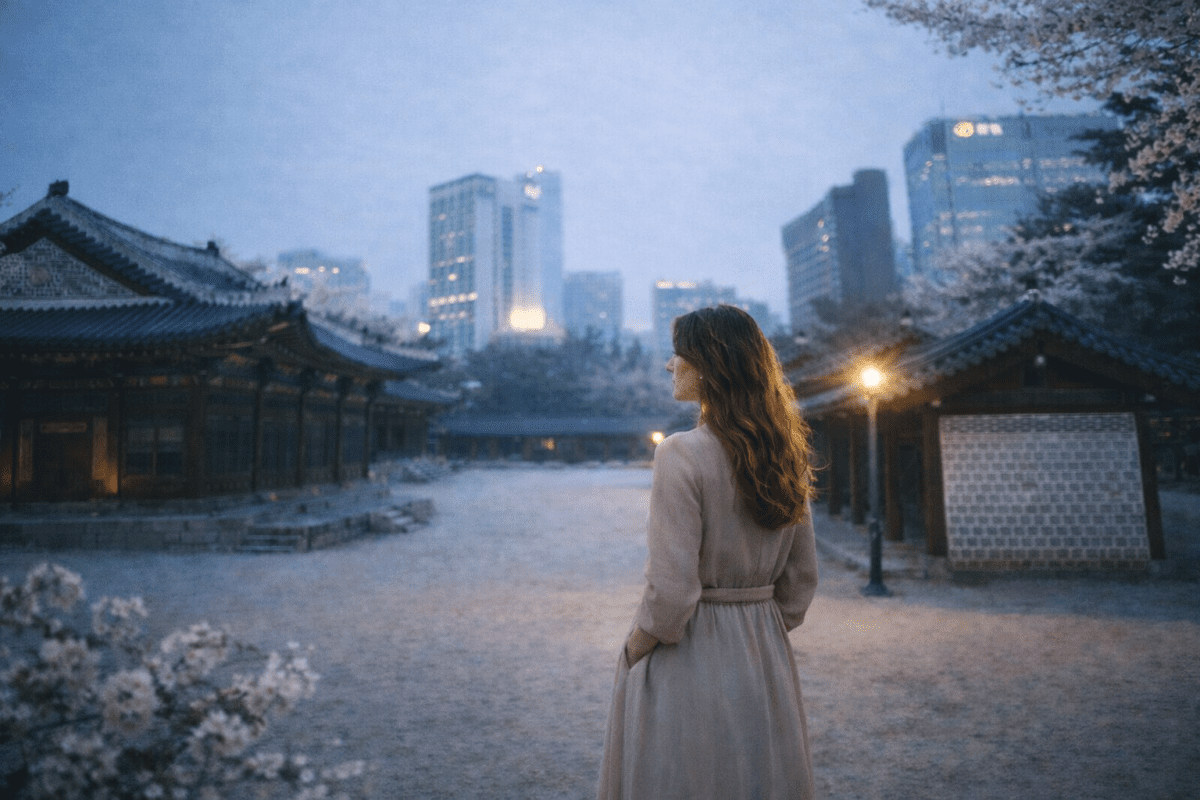 dragon hour meaning in astrology — a young woman standing in a foggy hanok courtyard at dusk with cherry blossoms and city lights behind