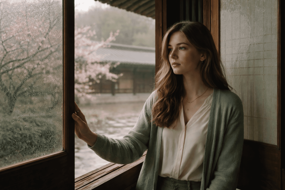 spring cycle meaning in astrology — a young woman watching spring rain fall on cherry blossoms from a hanok window