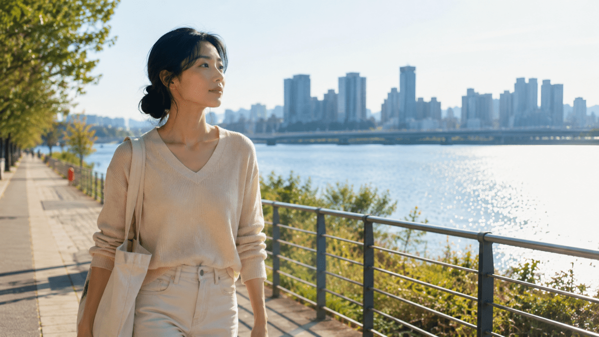 Woman walking along the Han River on a bright Sunday afternoon, gaze drifting toward the skyline ahead.