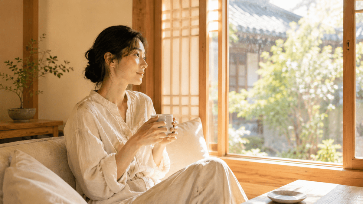 Woman sitting by a sunlit window with coffee, the morning still hers, still tired after weekend not yet arrived.