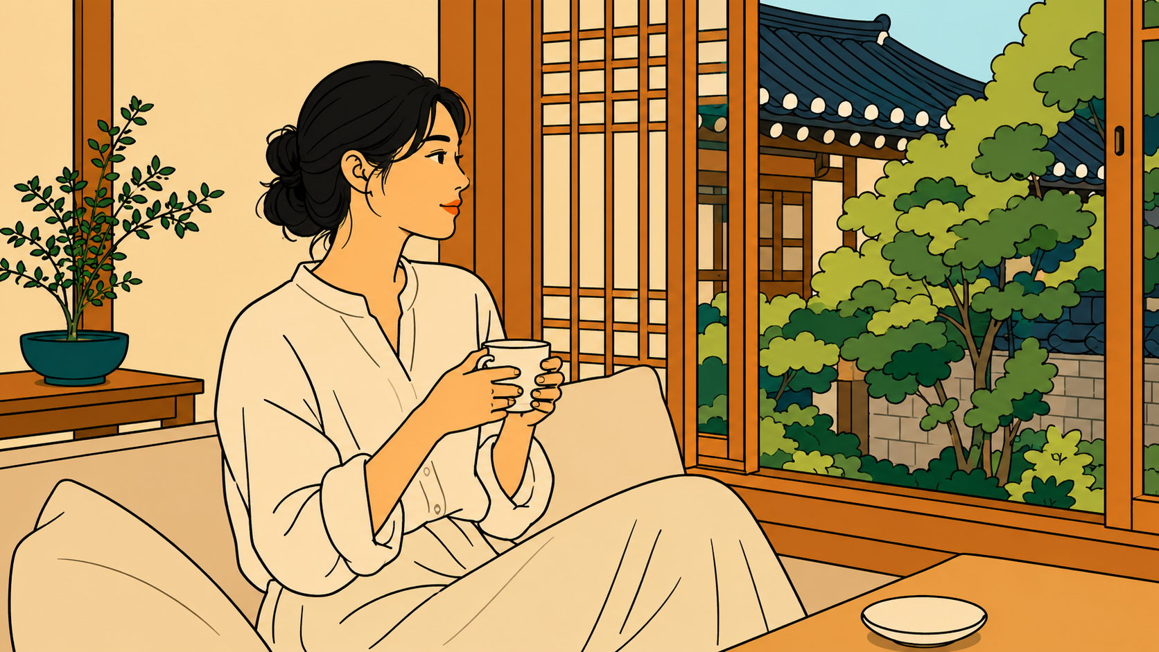 A minhwa-style illustration of a woman by a hanok window with coffee, the morning still hers — before still tired after weekend settles in.