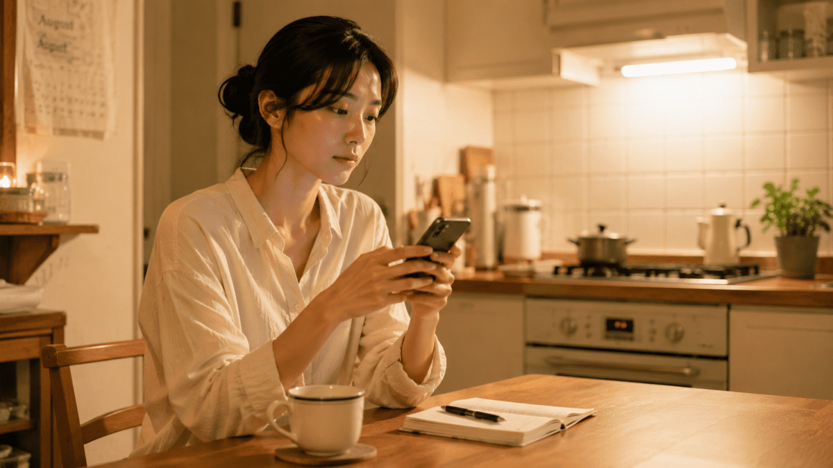 Woman sitting at her kitchen table on Sunday evening, phone in hand, planner open but untouched.