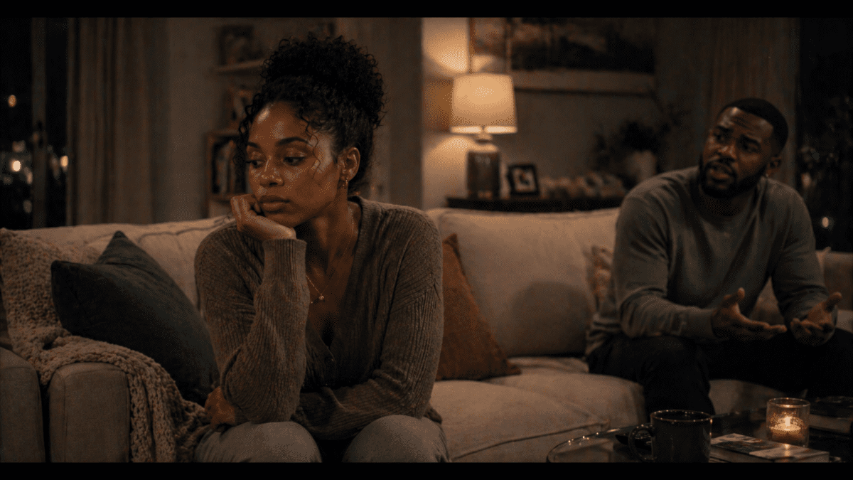 Distance grows when she stops defending — woman withdrawn on couch away from him, physical and emotional distance replacing the fight to be heard