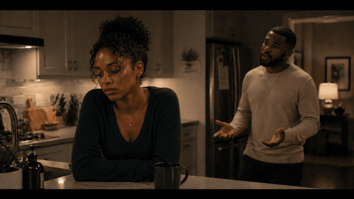 Exhaustion of defending reality — woman silent at kitchen counter while man argues, moment she stops fighting to be heard and accepted the silence