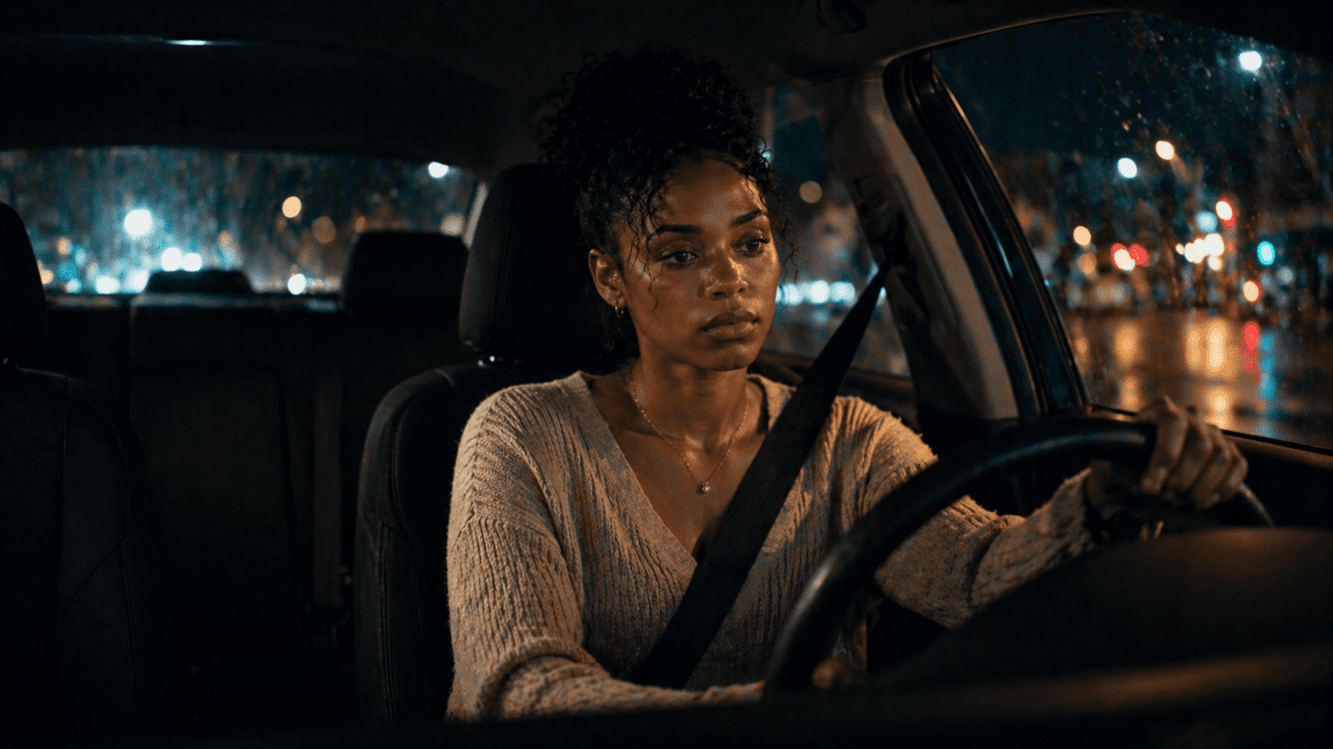 Stop defending reality — woman driving alone at night with exhausted, resigned expression, city lights blurred, moment she stops fighting for her truth