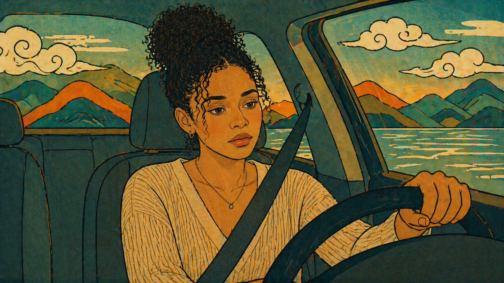Stop defending your reality — woman driving forward with resigned acceptance, distance replacing the fight, landscape behind her as she moves past the struggle