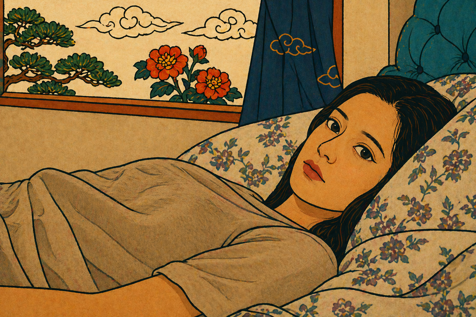 Woman stuck in the wrong major, lying in bed with resigned expression, feeling the cycle of repetition