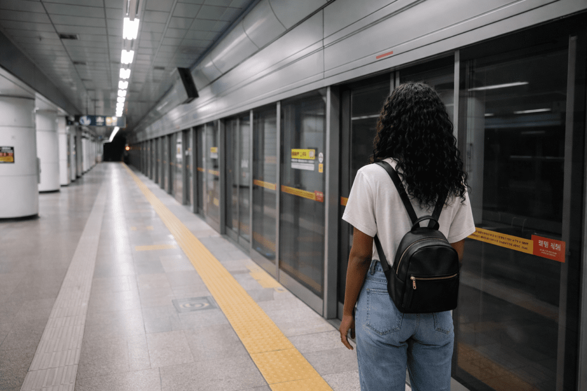 quarter-life crisis — woman waiting alone on Seoul subway platform at a standstill