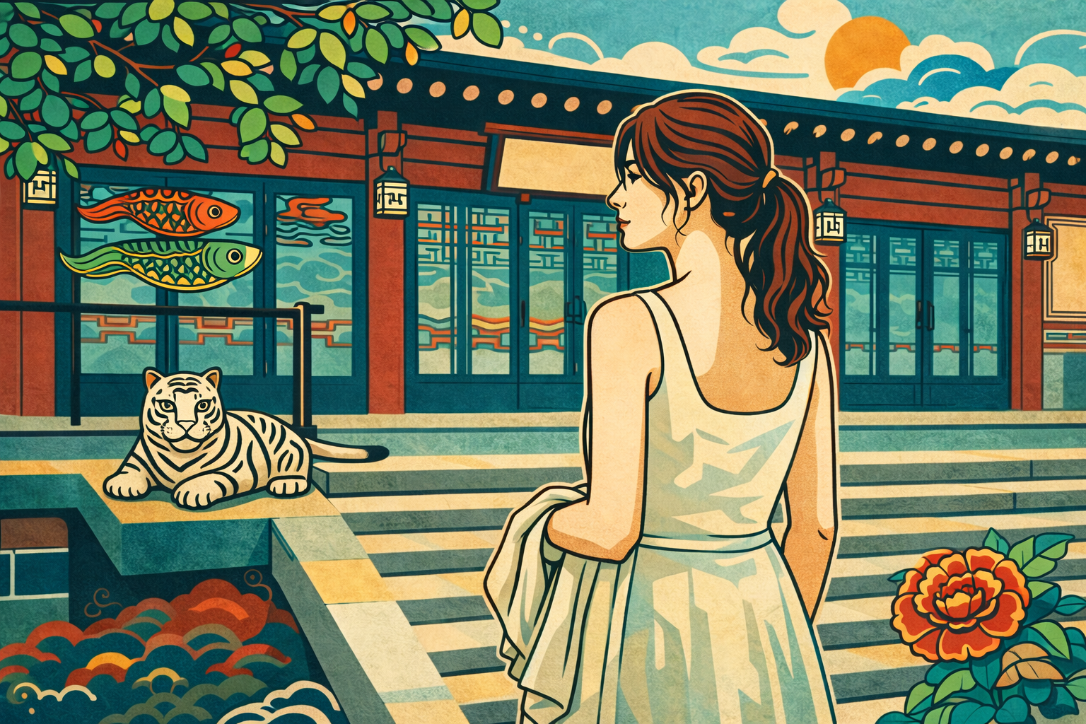 summer solstice meaning in astrology — minhwa-style illustration of a young woman standing before a hanok hall with a white tiger and koi