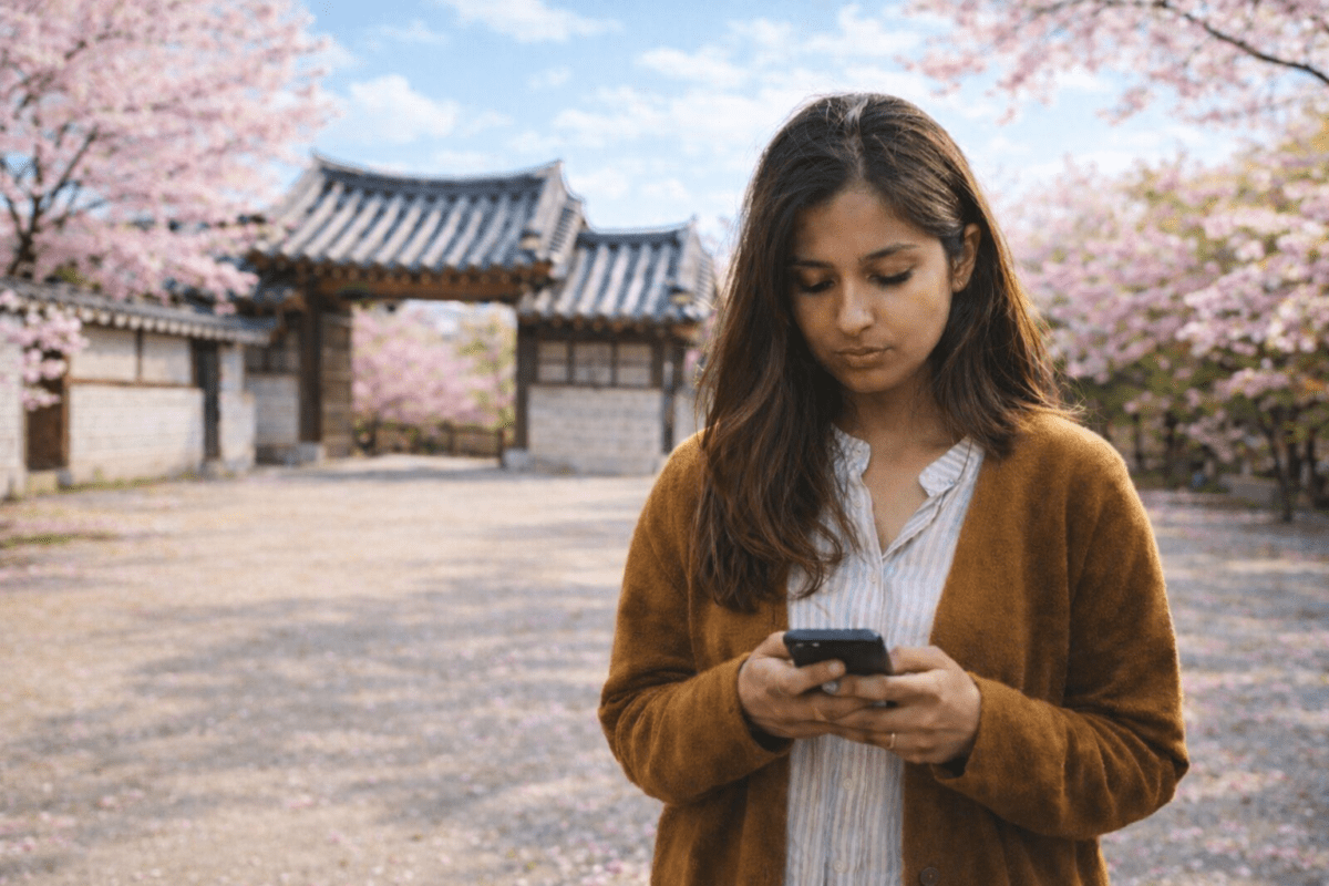 sunday night anxiety work — woman checking phone in Korean courtyard