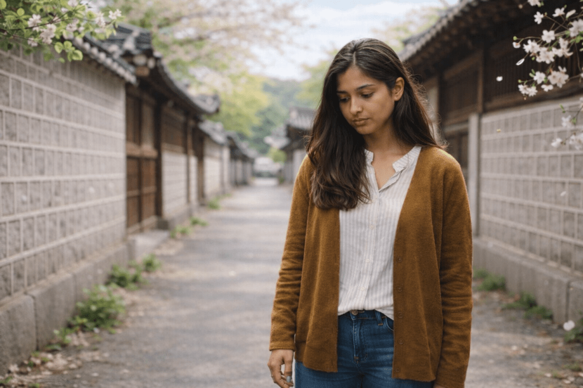 sunday night anxiety work — woman stopped mid-walk in Korean alley