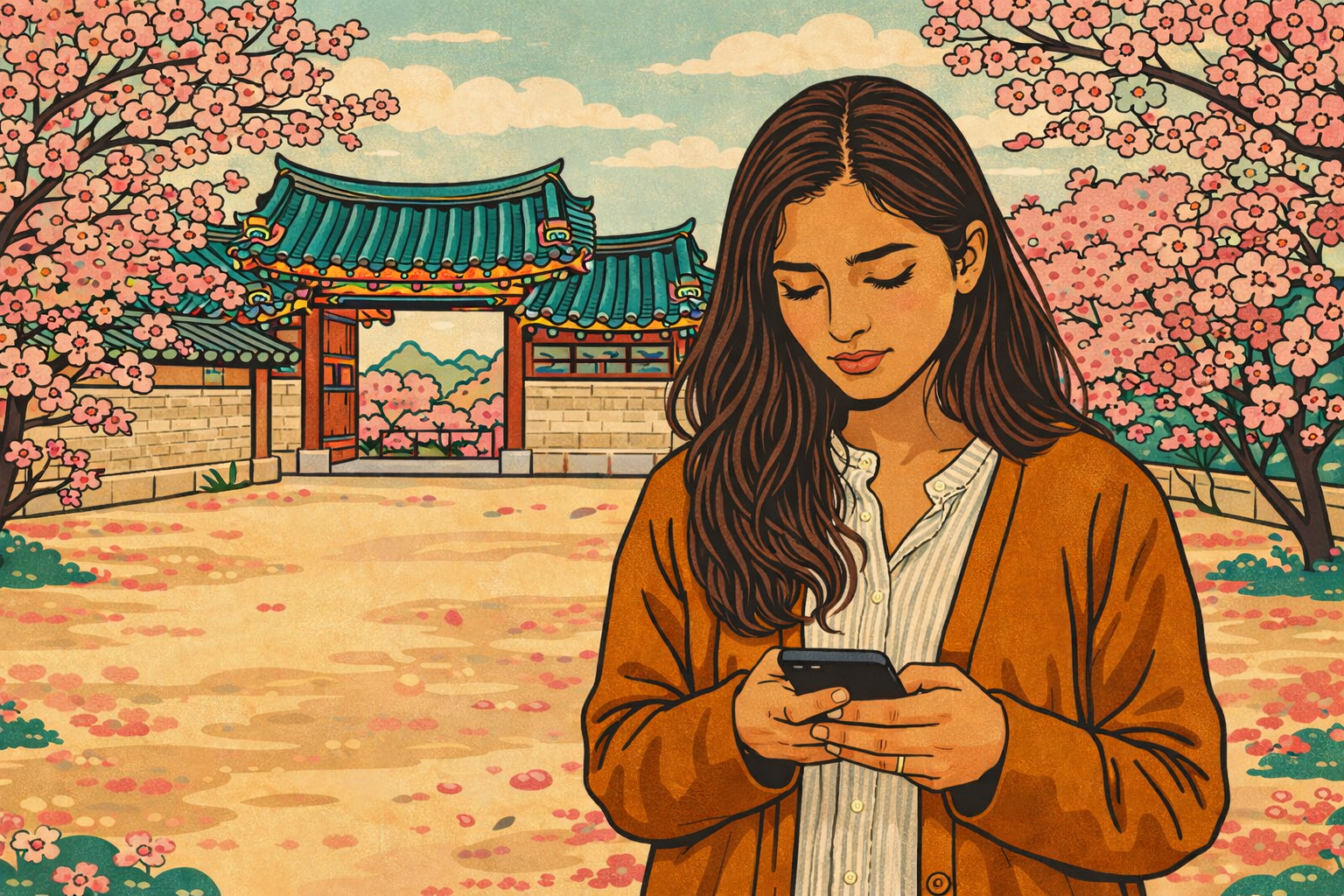 sunday night anxiety work — minhwa style illustration of woman checking phone in Korean courtyard