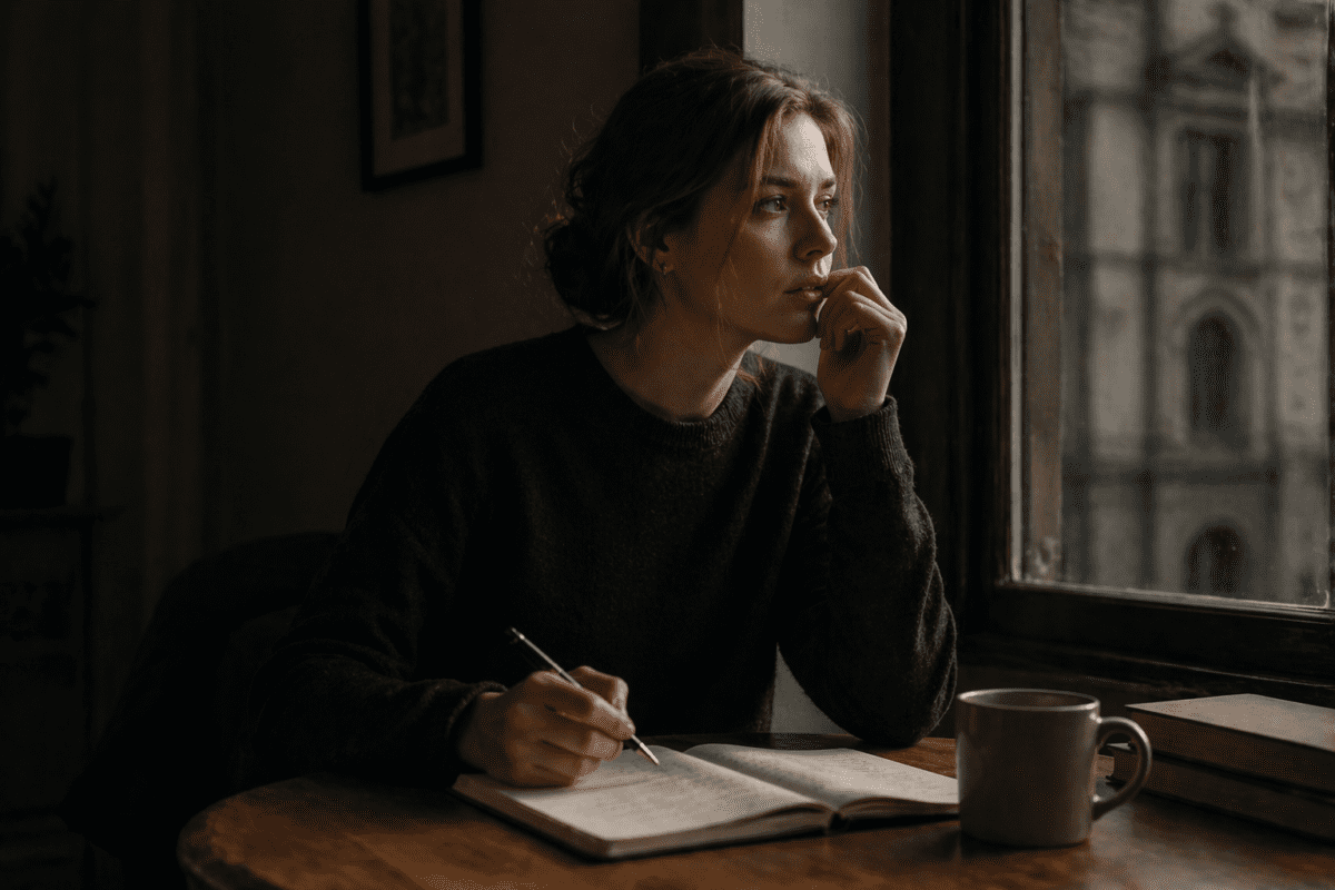 sunset cycle meaning in astrology — a young woman sitting by a window journaling as evening light fades outside