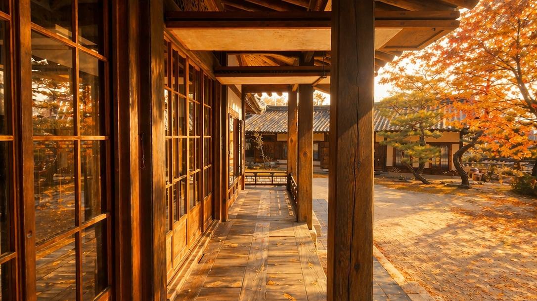 sunset cycle meaning in astrology — a hanok corridor lit by warm autumn sunset light with maple leaves outside