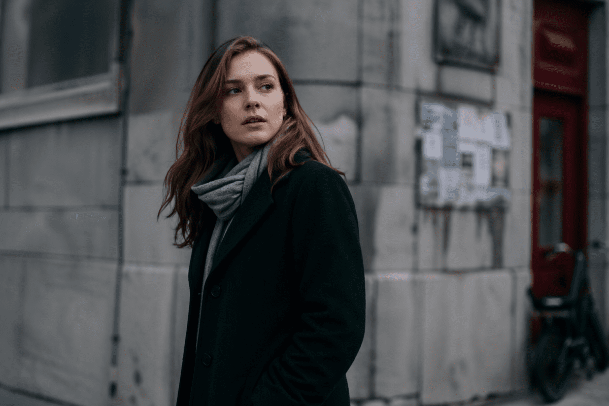sunset cycle meaning in astrology — a young woman pausing on a quiet city street at the edge of dusk
