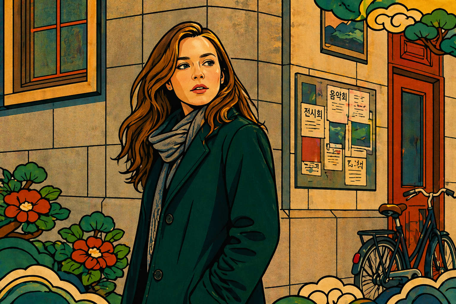 sunset cycle meaning in astrology — minhwa-style illustration of a young woman standing on a city street in autumn evening light