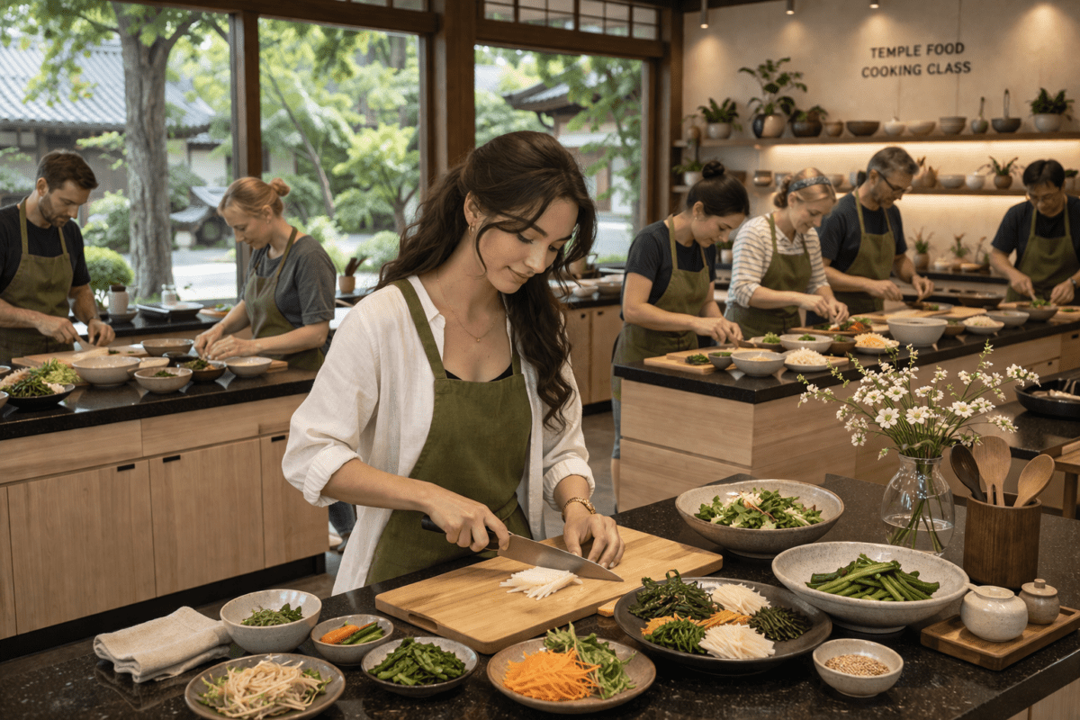 Korean temple cuisine cooking class Western woman chopping vegetables at temple kitchen