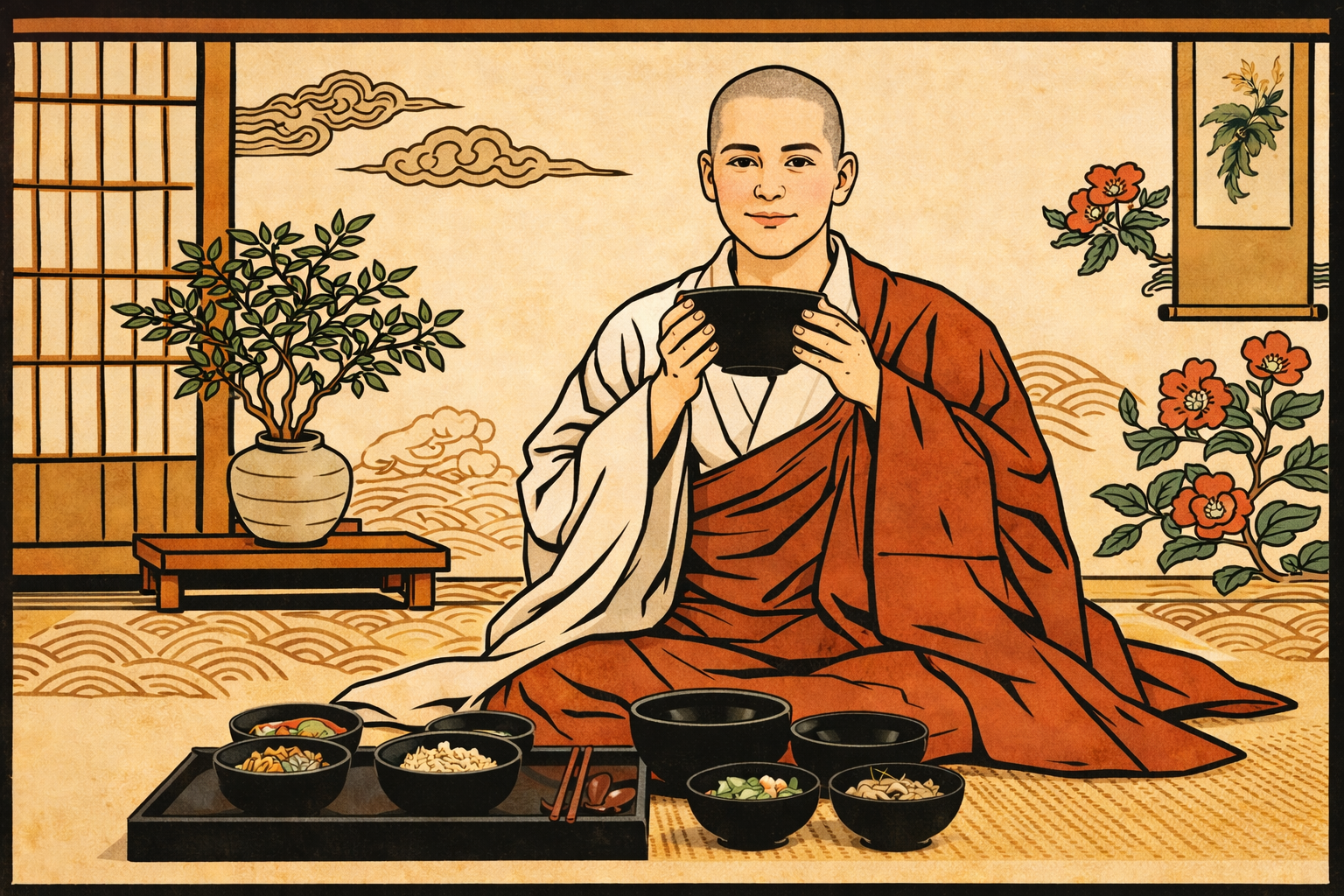 Korean temple food minhwa style illustration monk holding bowl