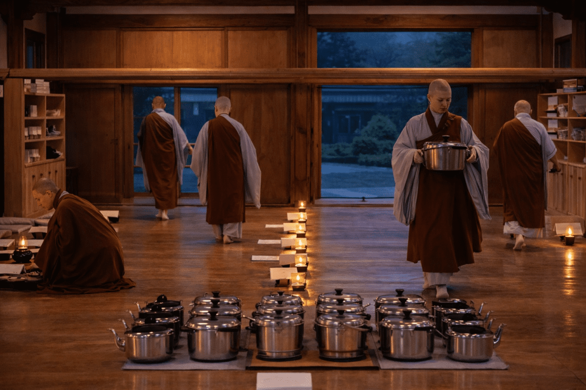 Temple kitchen experience 4 AM monks preparing baru gongyang candlelight Korean temple