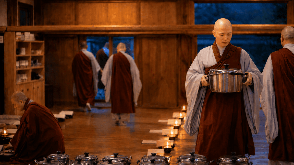 Before dawn, monks carry pots through candlelit halls — the quiet hour of the temple kitchen experience nobody outside the walls sees.