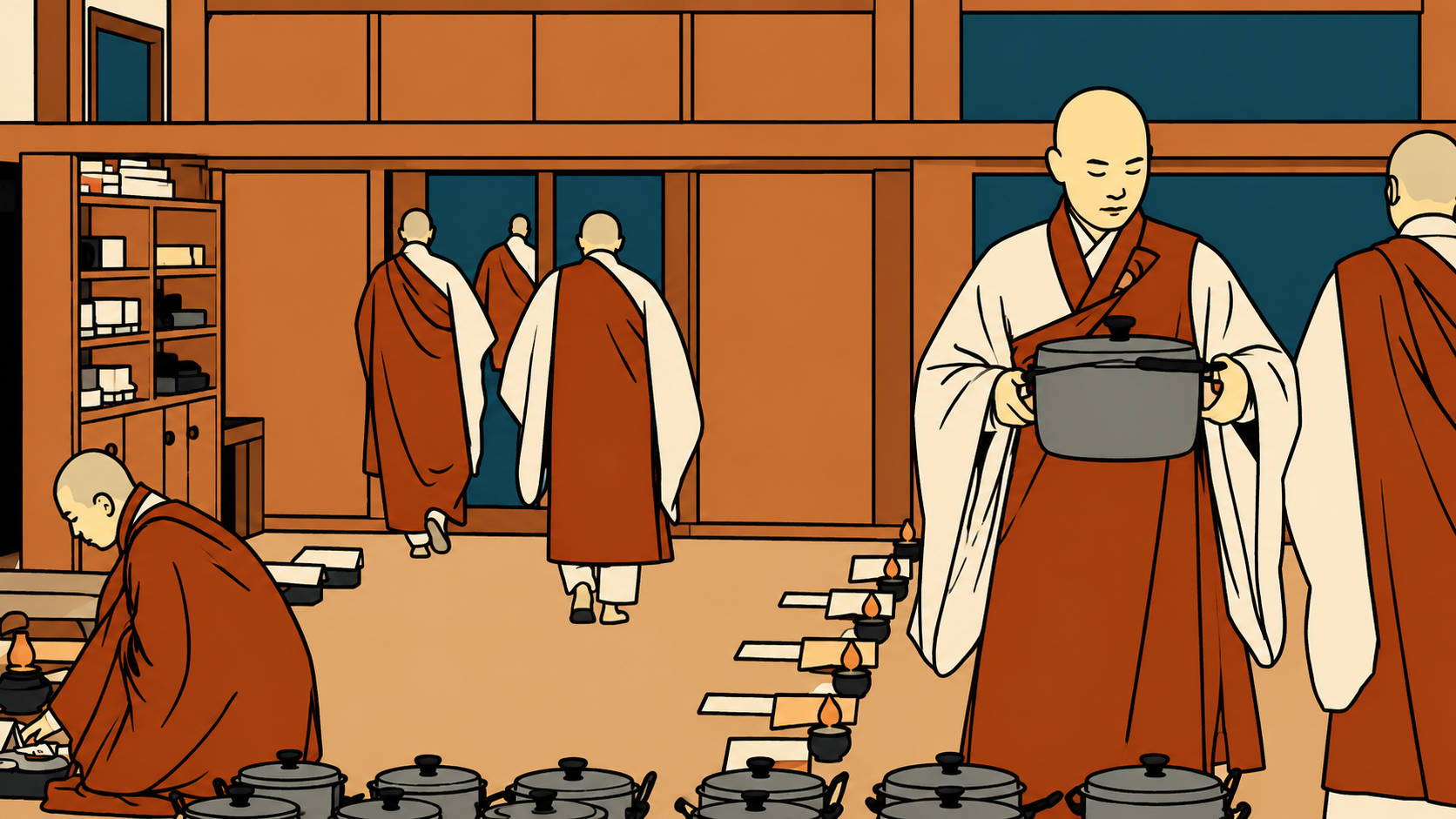 A minhwa-style illustration of monks carrying pots before dawn — the quiet hour at the start of the temple kitchen experience.