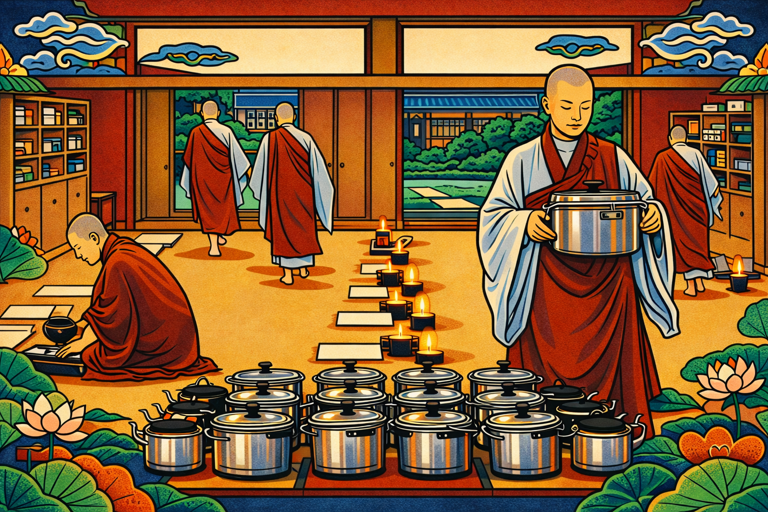 Temple kitchen experience minhwa style illustration monks preparing baru gongyang