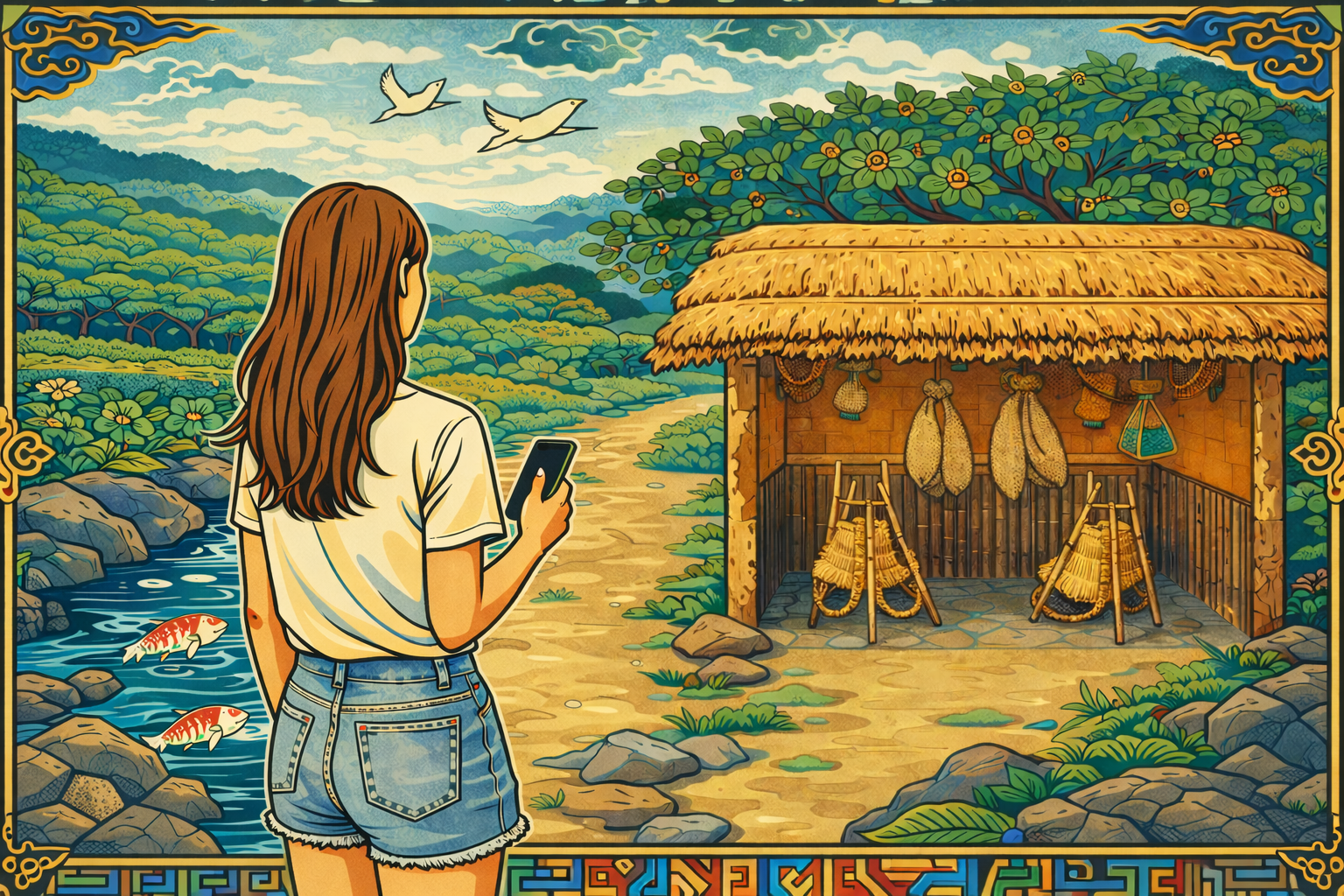 parents expectations and guilt — woman at thatched house holding phone psychology