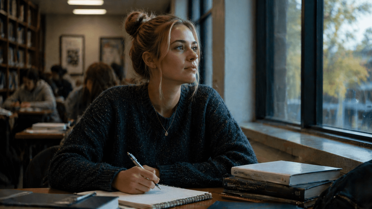 Student in library contemplating changing your major, surrounded by textbooks, lost in thought
