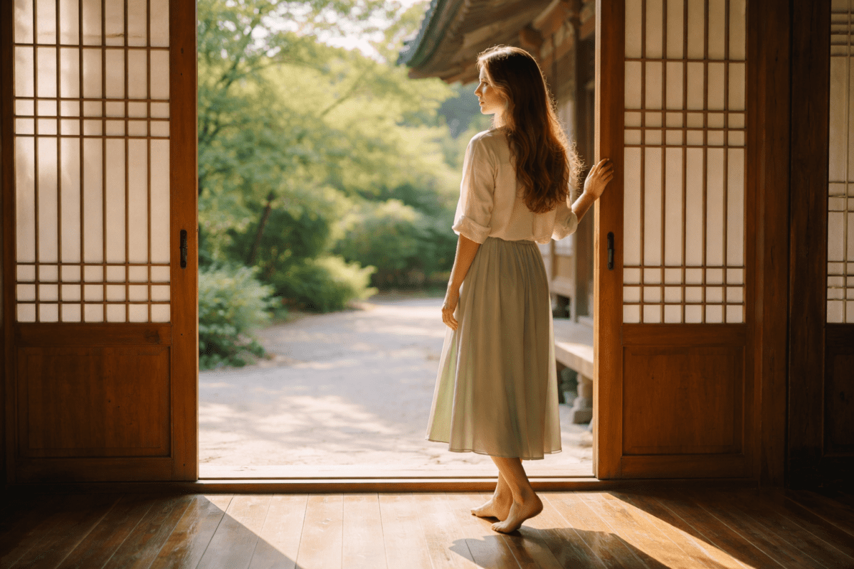 snake hour meaning in astrology — a young woman standing at a hanok sliding door threshold looking out at late morning light