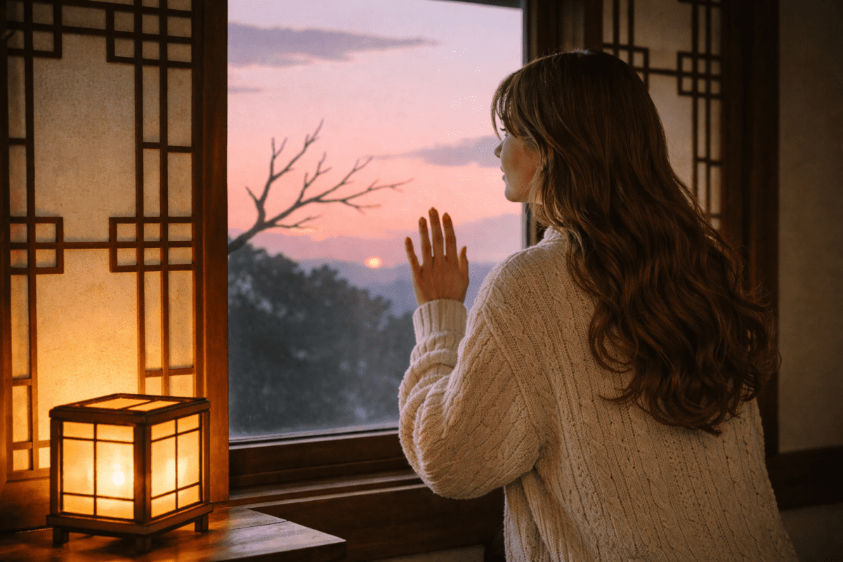 ```
tiger hour meaning in astrology — a young woman watching the first light from a hanok window at dawn
```