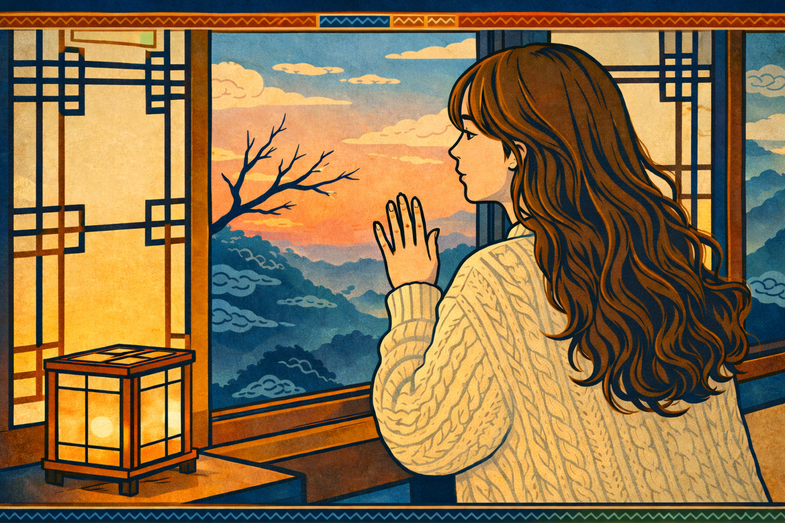 tiger hour meaning in astrology — minhwa-style illustration of a young woman watching dawn light from a hanok window