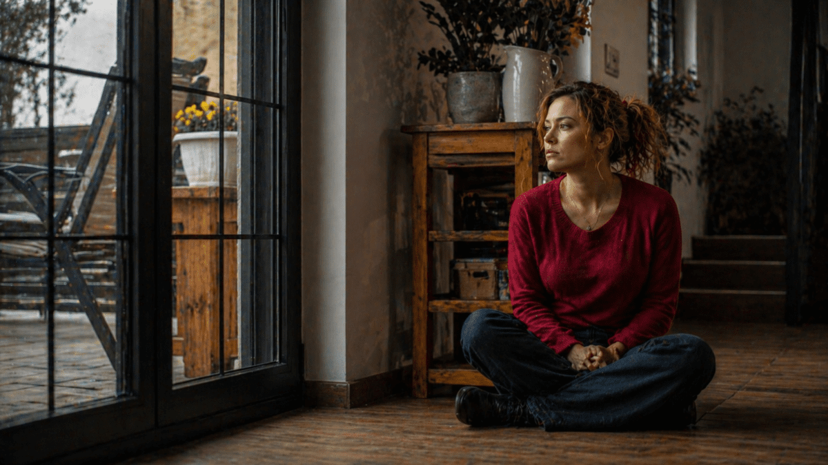 Trusting your own voice again — woman alone in quiet space with window light, peaceful moment of reconnection with her inner knowing, recovery beginning