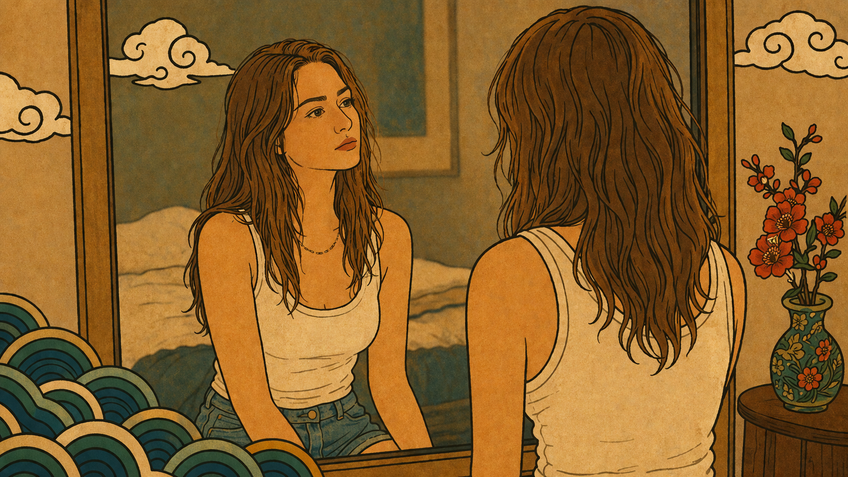 Trusting your own voice again — woman meeting her own gaze in mirror, quiet moment of reconnection with herself, her truth waiting in silence