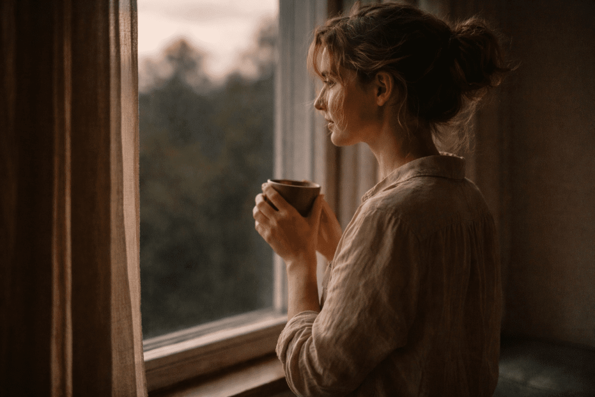 twelve earthly branches meaning — a young woman looking out a window at dusk with a warm cup
