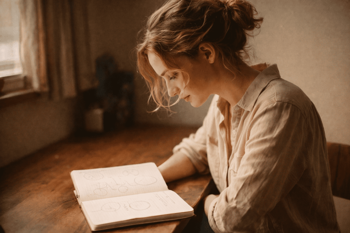 twelve earthly branches meaning — a young woman reading diagrams of time cycles in a quiet notebook