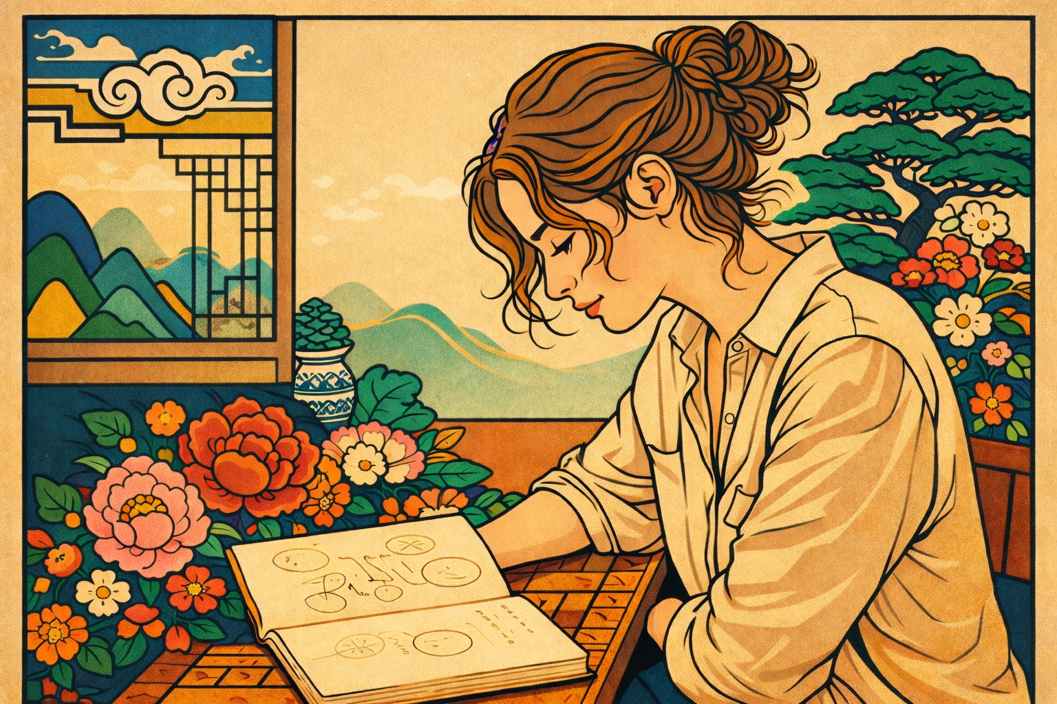 twelve earthly branches meaning — minhwa-style illustration of a young woman reading diagrams of time cycles