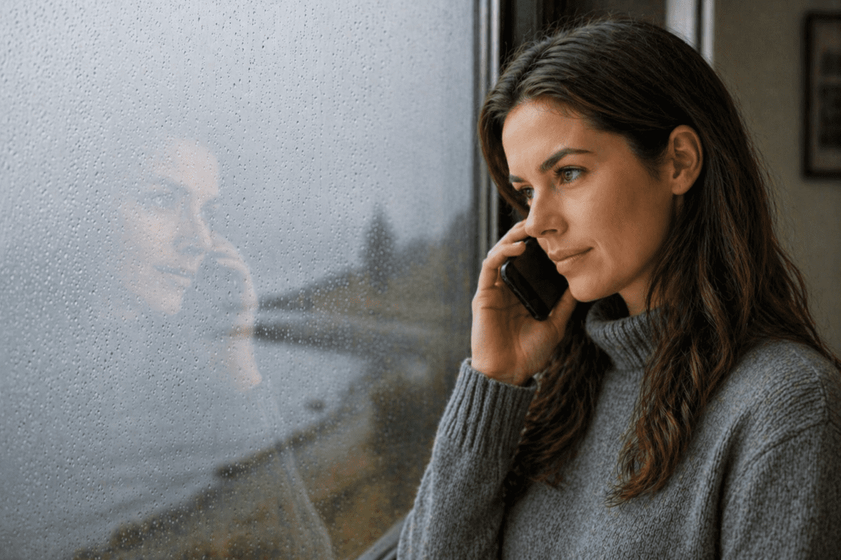 Burnout as transition: woman at rainy window illustrating the stillness of recognizing structural reorganization rather than seeking recovery from exhaustion