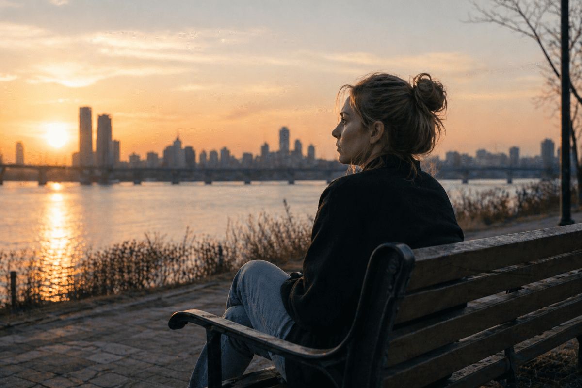 Woman choosing a major under pressure, sitting on waterfront bench, reflecting on sunset and uncertain future
