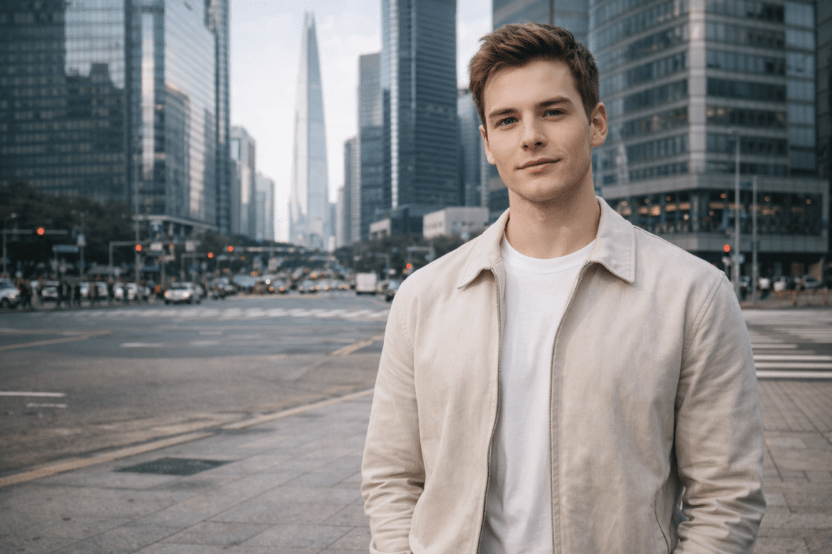 Western man in Seoul city, representing Korean masculinity redefined and global influence
