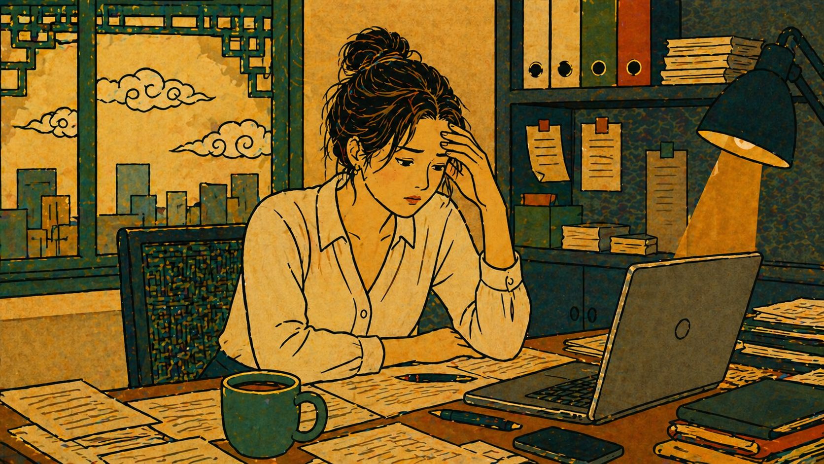 When reality becomes unreliable — woman at desk questioning her own reality, documents and laptop surrounding her as certainty erodes