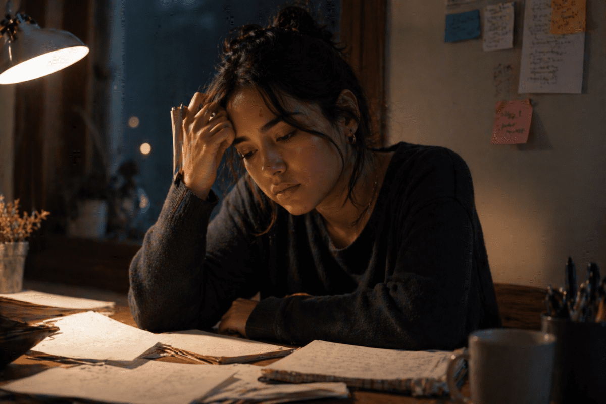 winter threshold astrology meaning — a young woman resting her head on her hand at a desk full of notes by lamplight