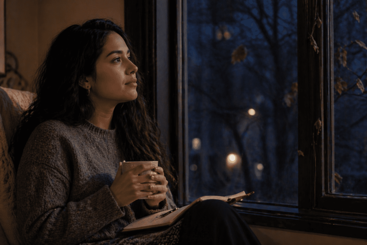 winter threshold astrology meaning — a young woman sitting by a window with a warm cup at the edge of late autumn night