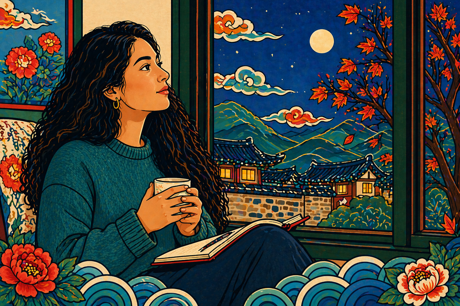 winter threshold astrology meaning — minhwa-style illustration of a young woman with a warm cup watching the autumn moon over a hanok village