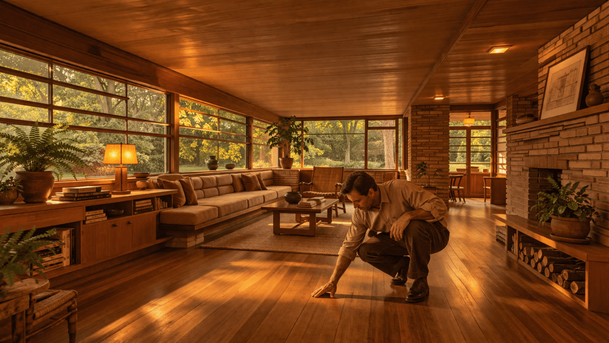 ondol radiant floor heating — architect touching warm floor in mid-century modern interior inspired by Korean ondol
