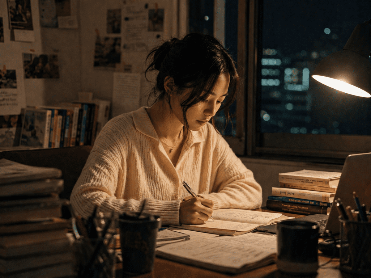 Woman learning wrong major lessons late at night, studying and writing by desk light, reflecting on her journey